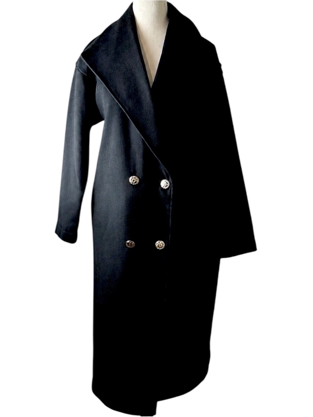 Black Double Breasted Long Coat Womens XS ShoeDazzle Gold Button Wrap